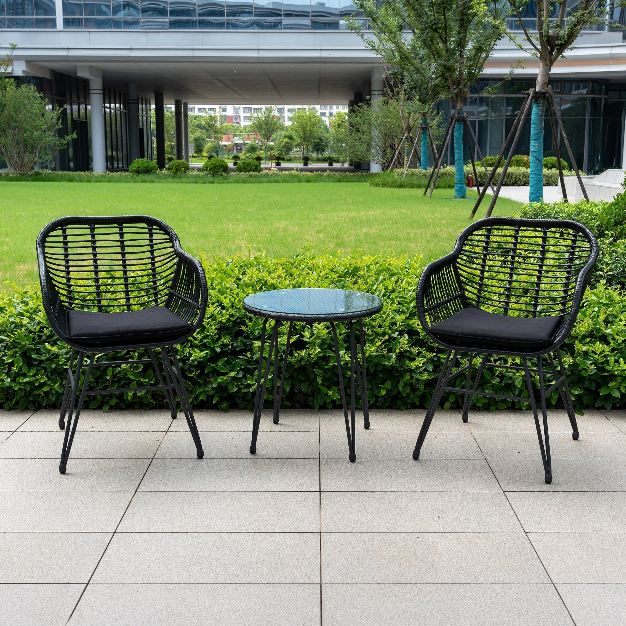 3 Piece Outdoor Wicker Furniture Patio Bistro Set With Cushions for Porch Poolside Garden - 21.2L x 23.6W x 31.5H