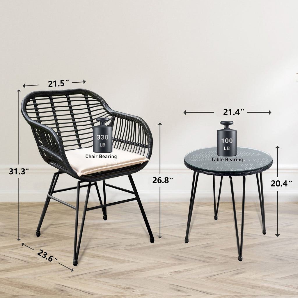 3 Piece Outdoor Wicker Furniture Patio Bistro Set With Cushions for Porch Poolside Garden - 21.2L x 23.6W x 31.5H