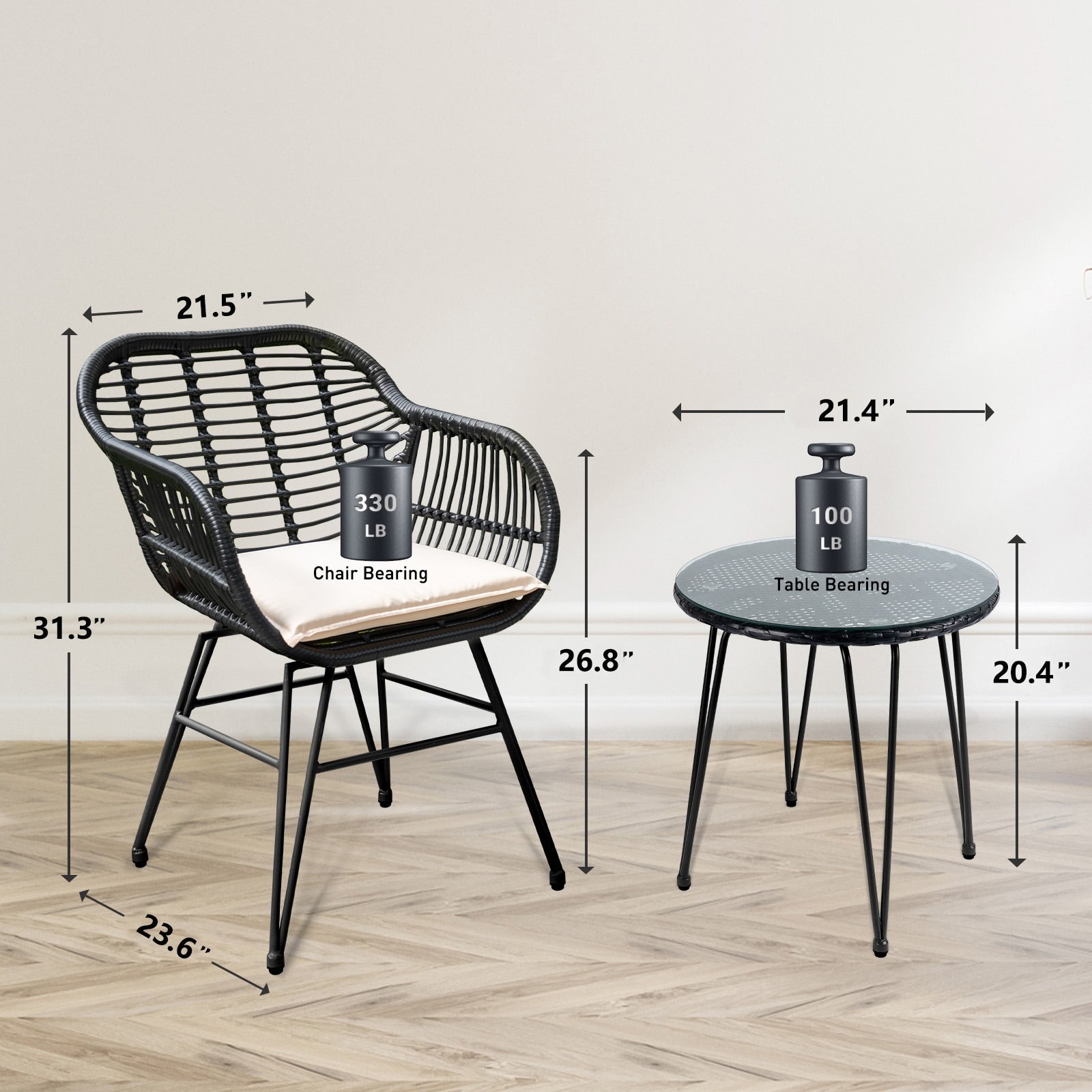 3 Piece Outdoor Wicker Furniture Patio Bistro Set With Cushions for Porch Poolside Garden - 21.2L x 23.6W x 31.5H