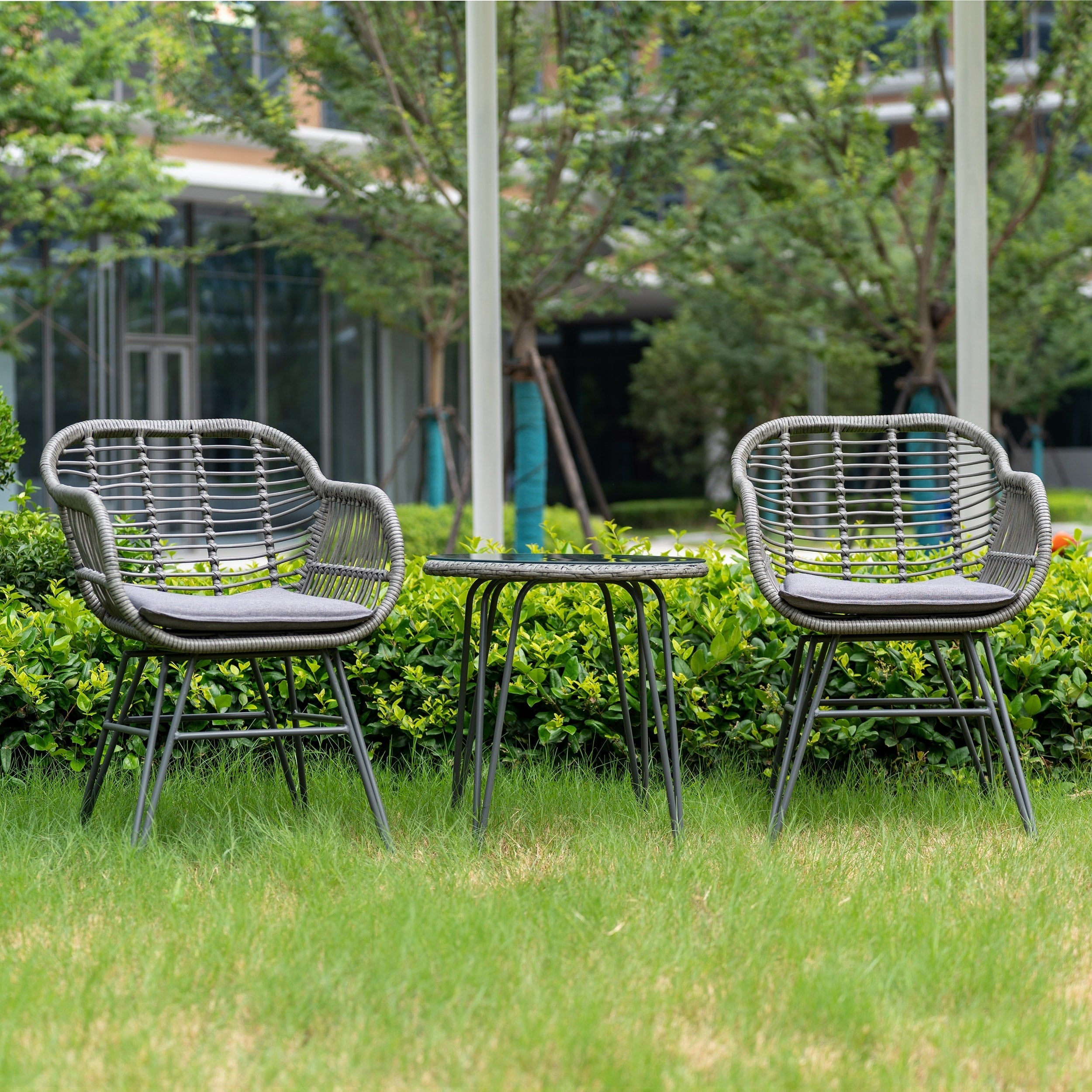 3 Piece Outdoor Wicker Furniture Patio Bistro Set With Cushions for Porch Poolside Garden - 21.2L x 23.6W x 31.5H