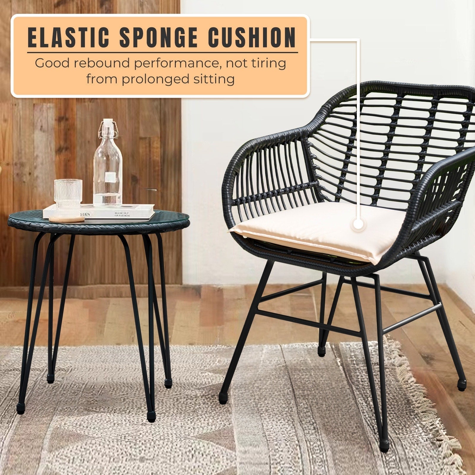 3 Piece Outdoor Wicker Furniture Patio Bistro Set With Cushions for Porch Poolside Garden - 21.2L x 23.6W x 31.5H