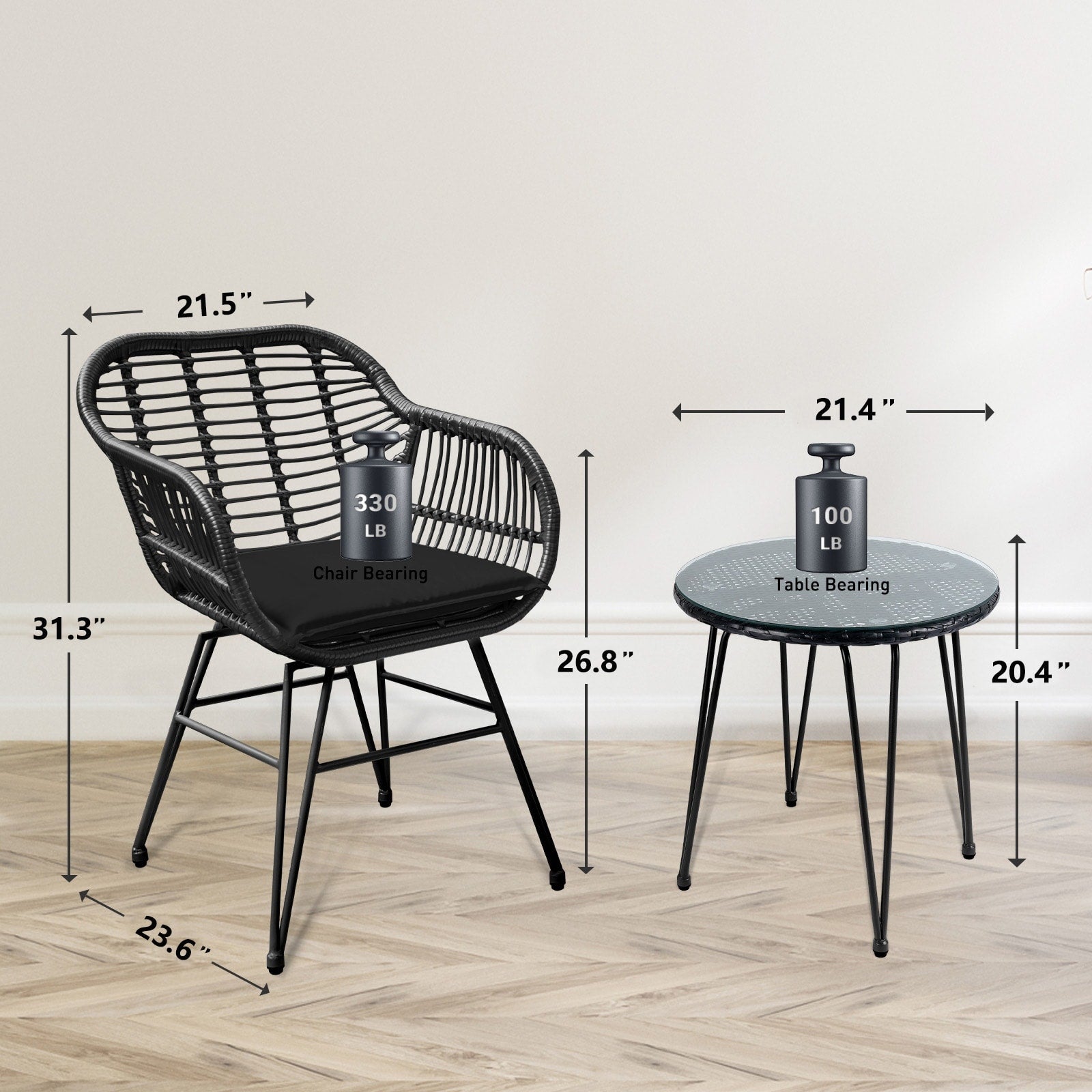 3 Piece Outdoor Wicker Furniture Patio Bistro Set With Cushions for Porch Poolside Garden - 21.2L x 23.6W x 31.5H