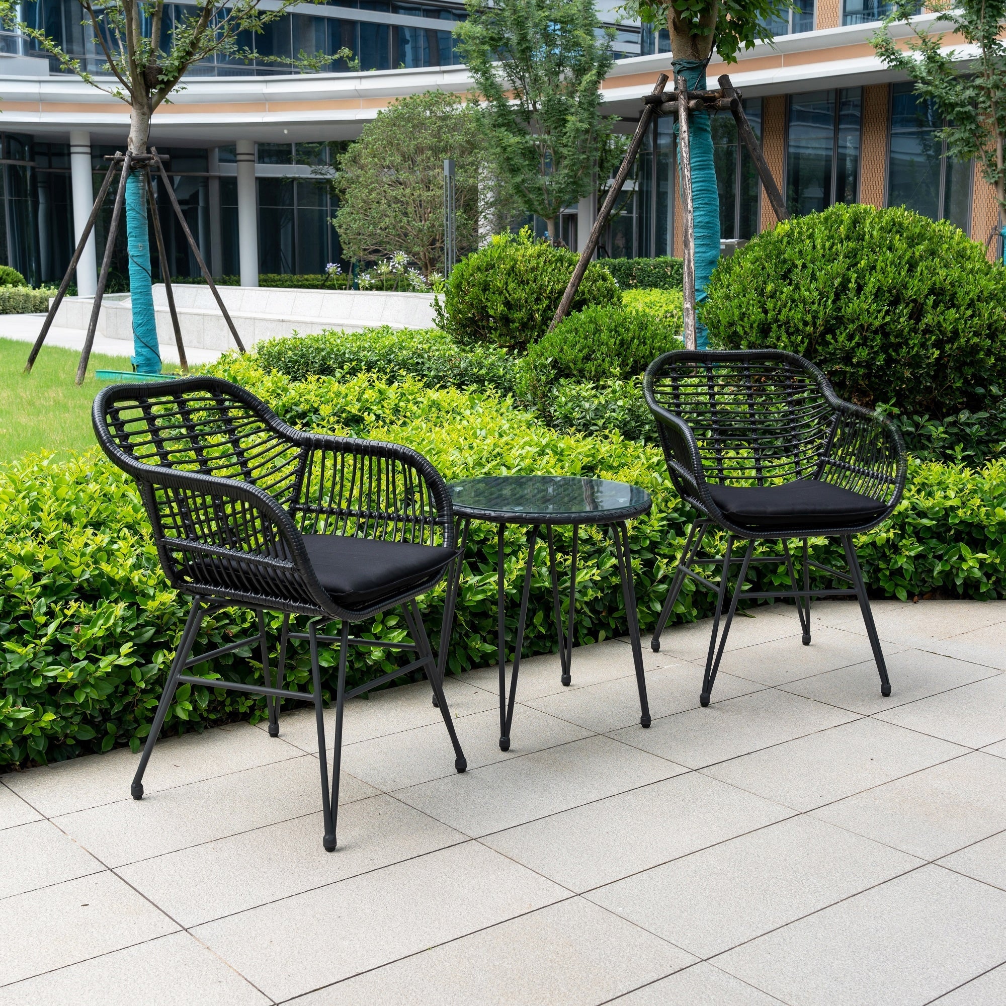 3 Piece Outdoor Wicker Furniture Patio Bistro Set With Cushions for Porch Poolside Garden - 21.2L x 23.6W x 31.5H