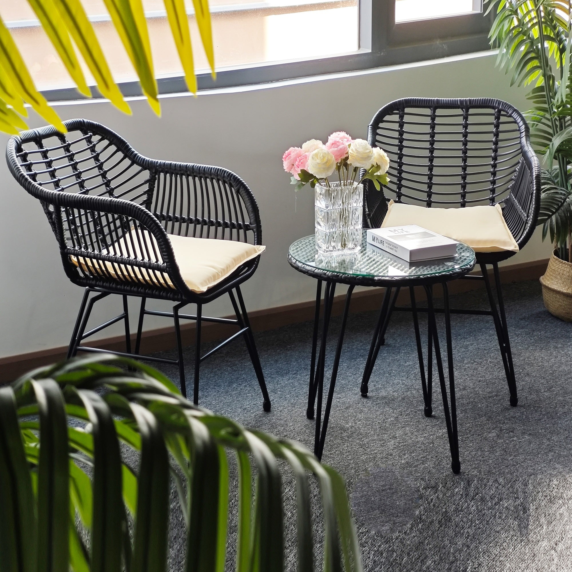 3 Piece Outdoor Wicker Furniture Patio Bistro Set With Cushions for Porch Poolside Garden - 21.2L x 23.6W x 31.5H