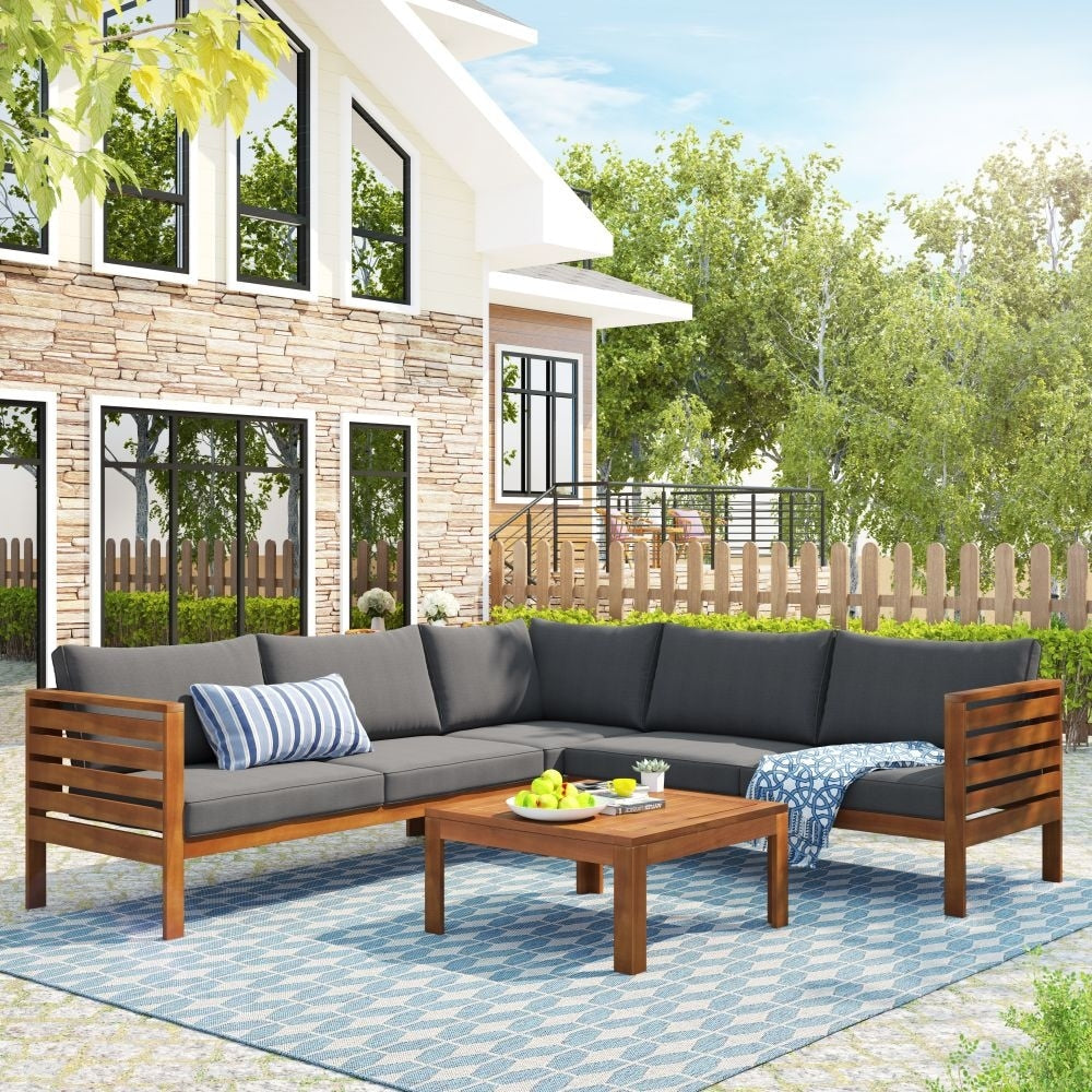 5-piece Modern Wooden Outdoor Sofa Set with Water-resistant Cushions